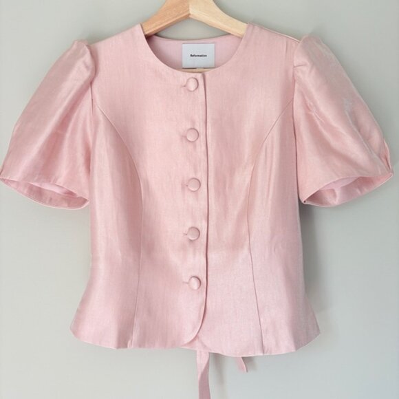 NEW Reformation Mika Two Piece Skirt Set Bubblegum Pink Sheen | US 2 UK 6 - Picture 7 of 15